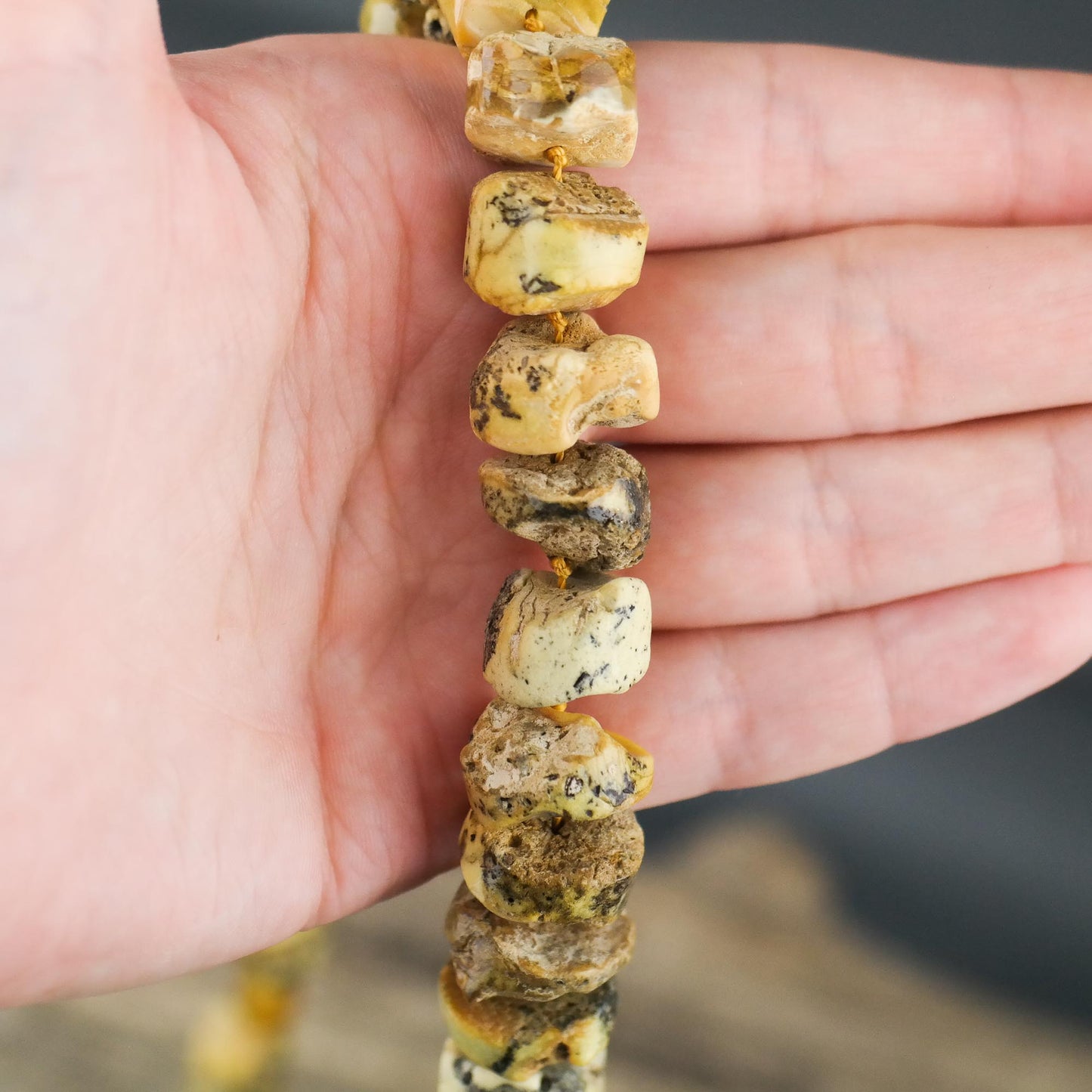 Sea sediment green tube shaped amber bead necklace