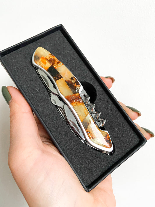 Multi tool pocket knife with natural Baltic amber mosaic