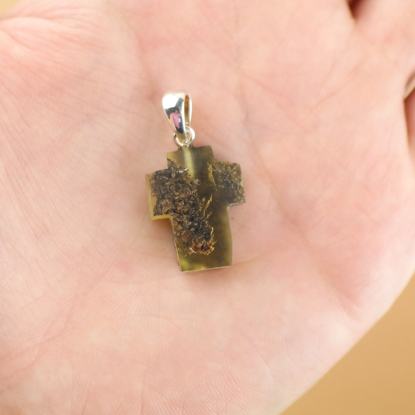 Green amber cross pendant