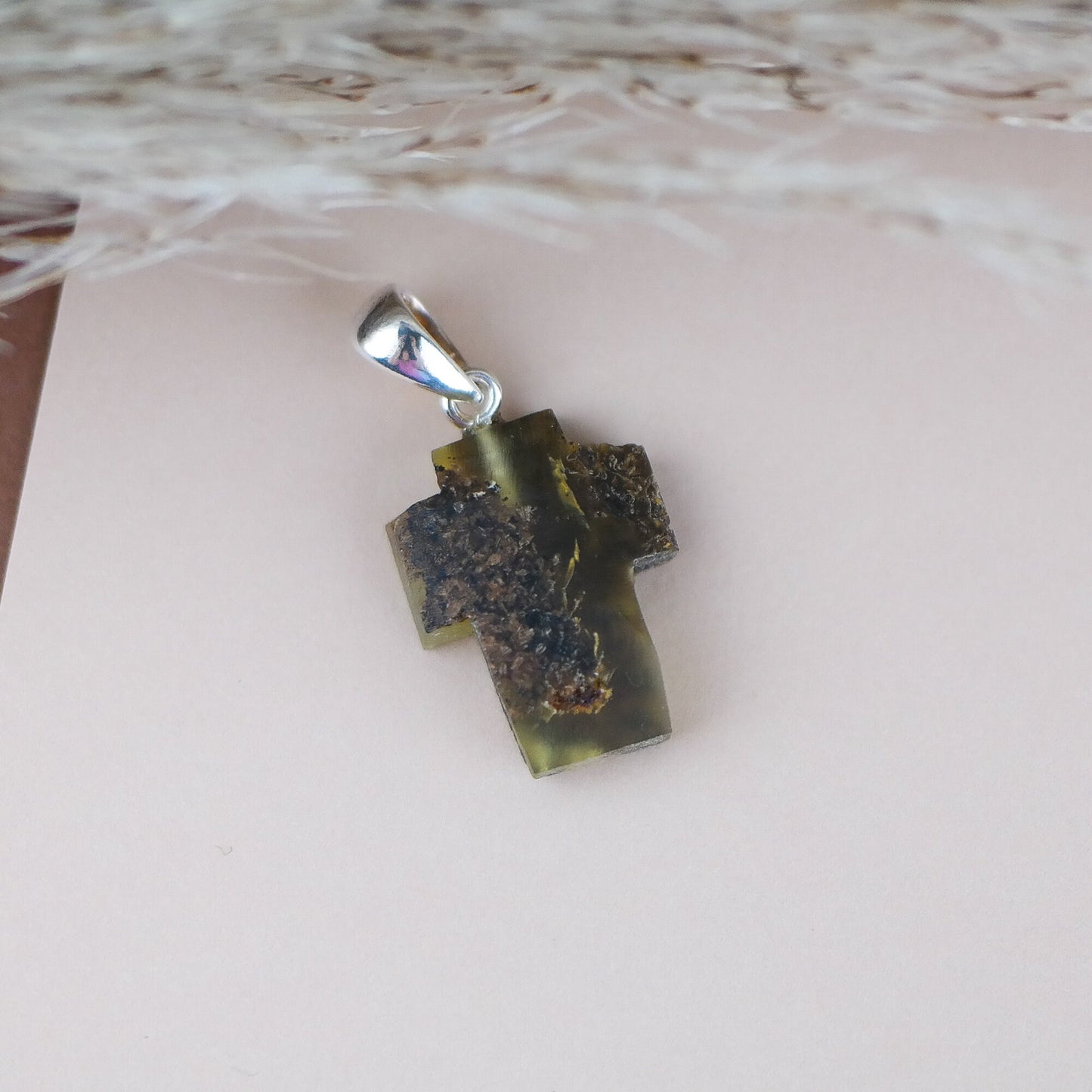 Green amber cross pendant